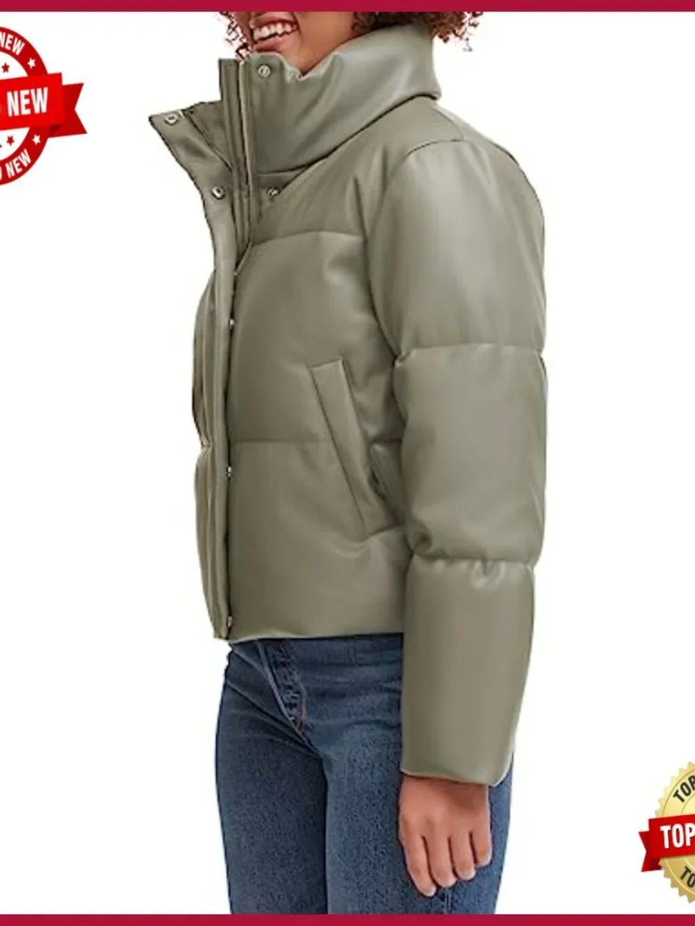 Women's Vegan Leather Quilted Puffer Jacket Water Resistant Cropped